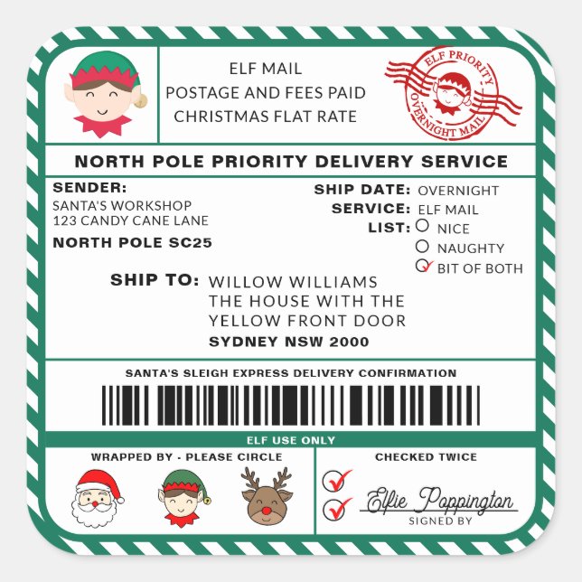 Santas Sleigh Christmas Shipping Label Sticker (Front)