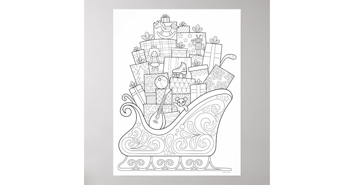 Santa S Sleigh Coloring Poster Colorable Poster Zazzle Com