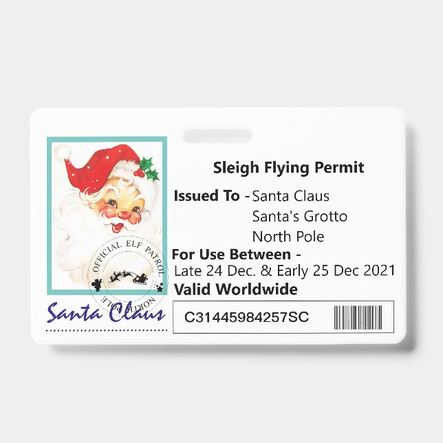 Santa's Sleigh Driving Licence For Kids Badge (Front)