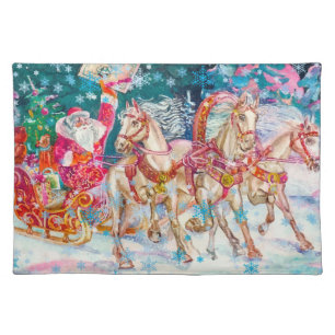 Santa's Sleigh Horse Snow Christmas Night Party Cloth Placemat