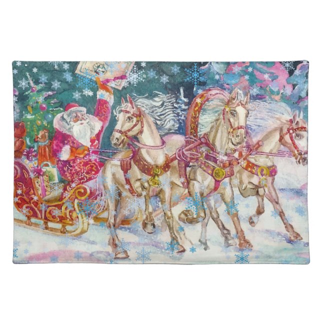 Santa's Sleigh Horse Snow Christmas Night Party Cloth Placemat (Front)