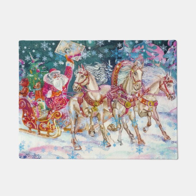 Santa's Sleigh Horse Snow Christmas Night Party Doormat (Front)