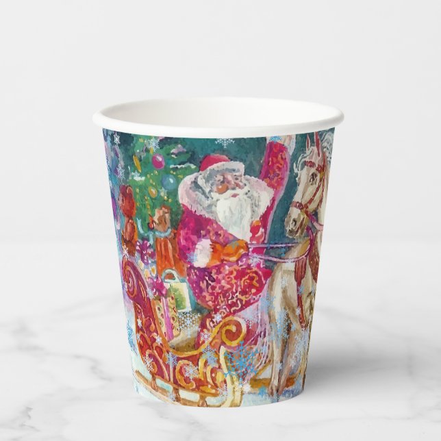 Santa's Sleigh Horse Snow Christmas Night Party Paper Cups (Front)