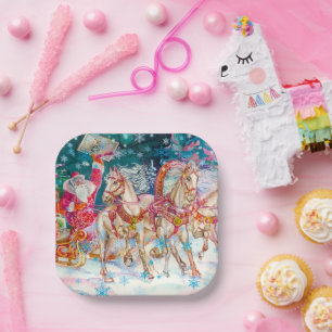 Santa's Sleigh Horse Snow Christmas Night Party Paper Plates