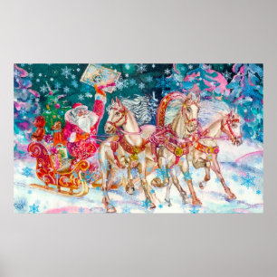 Santa's Sleigh Horse Snow Christmas Night Party Poster