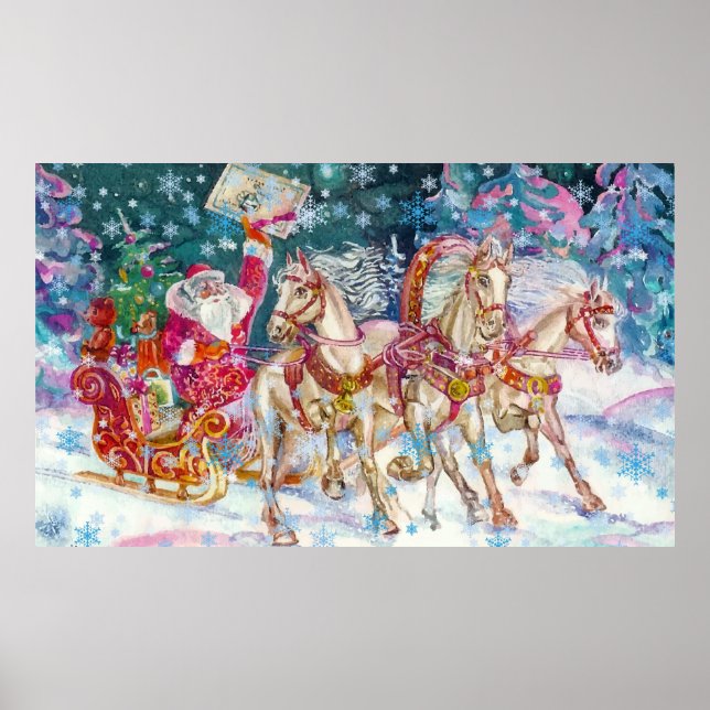 Santa's Sleigh Horse Snow Christmas Night Party Poster (Front)