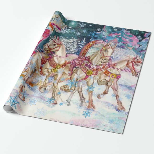 Santa's Sleigh Horse Snow Christmas Night Party Wrapping Paper (Unrolled)