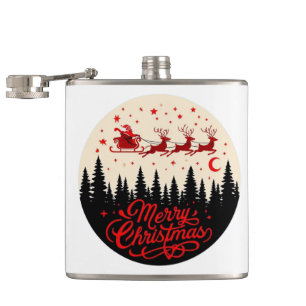 Santa's Sleigh Merry Christmas Forest Scene Art Flask