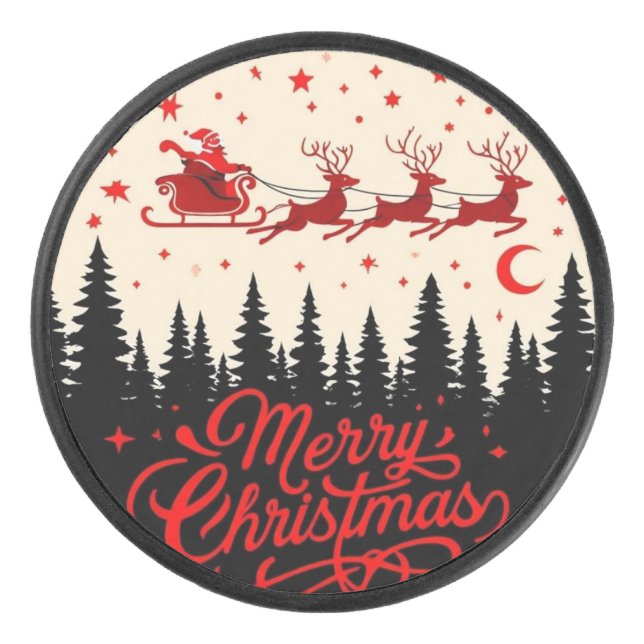 Santa's Sleigh Merry Christmas Forest Scene Art" Hockey Puck (Front)