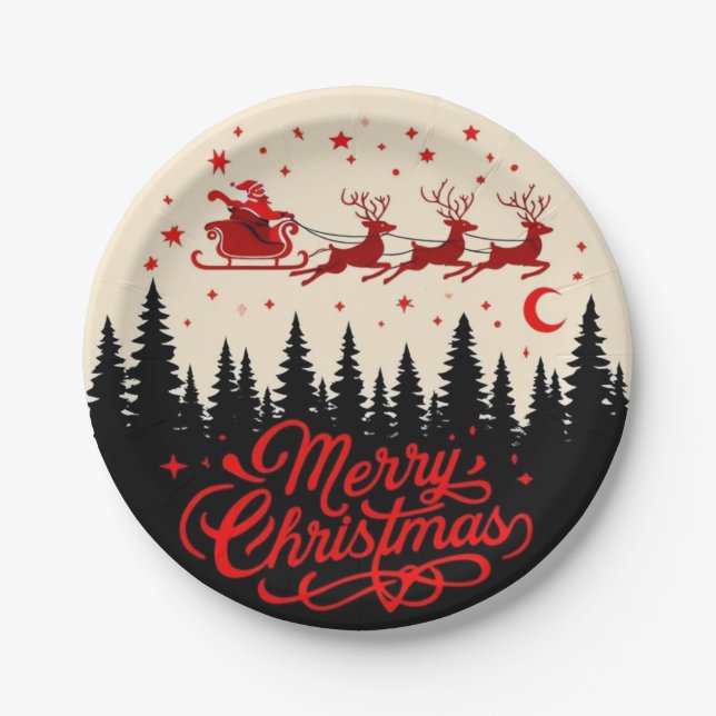Santa's Sleigh Merry Christmas Forest Scene Art" Paper Plates (Front)