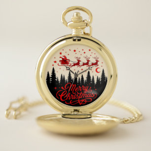 Santa's Sleigh Merry Christmas Forest Scene Art Pocket Watch
