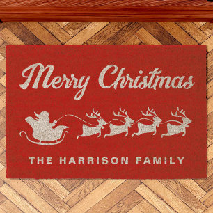 Santas Sleigh Merry Christmas Red Fiber Doormat