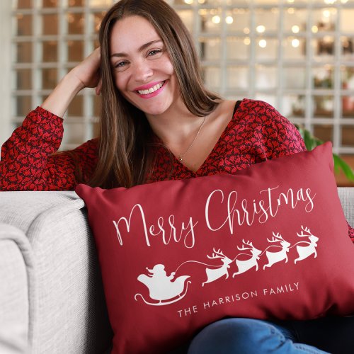 Santas Sleigh Merry Christmas Red Lumbar Pillow
