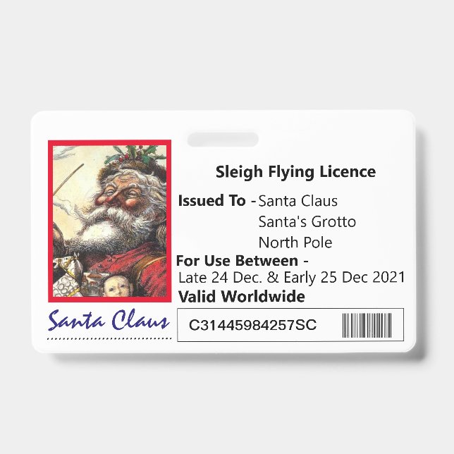 Santa's Sleigh Novelty Licence For Kids Badge (Front)