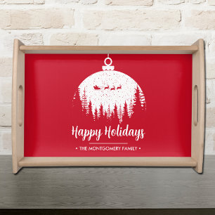 Santa's Sleigh on Red Personalized Serving Tray