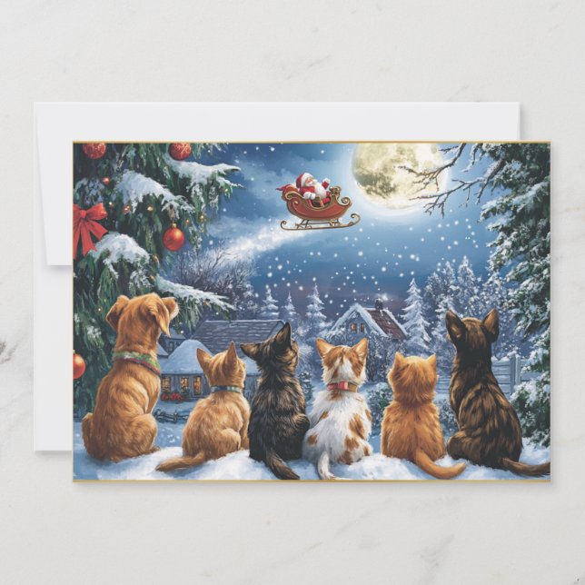 Santa's Sleigh Over Moonlit Winter Forest Holiday Card (Front)