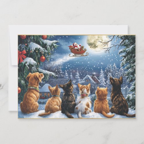 Santas Sleigh Over Moonlit Winter Forest Holiday Card
