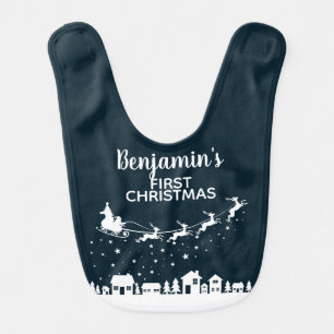 Santa's sleigh & reindeers blue first Christmas Baby Bib