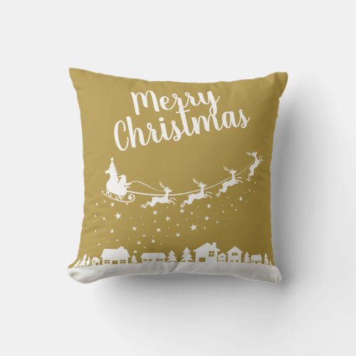 Santas sleigh  reindeers flying above the city throw pillow