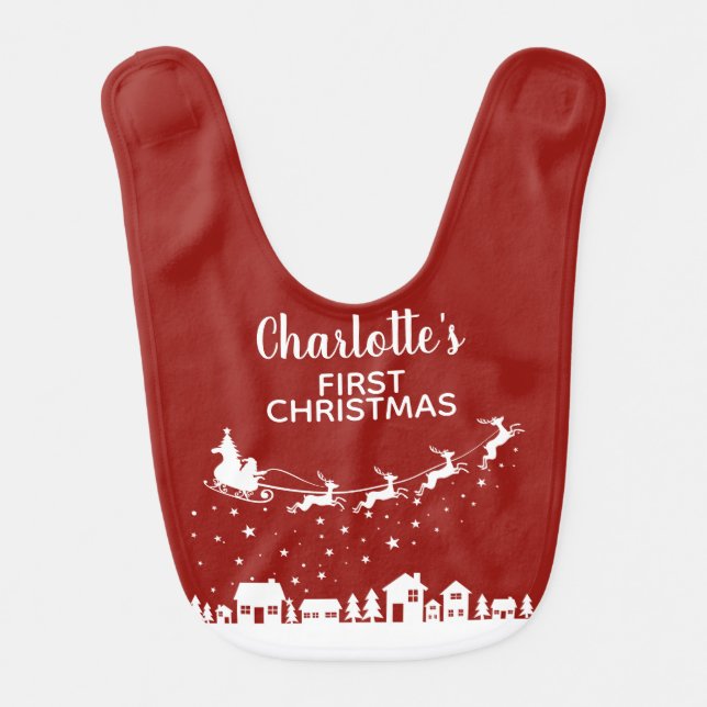 Santa's sleigh & reindeers red first Christmas Baby Bib (Front)