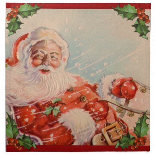 Santas Sleigh Ride Vintage Christmas Cloth Napkins