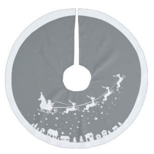 Santa's sleigh silhouette flying above the houses brushed polyester tree skirt