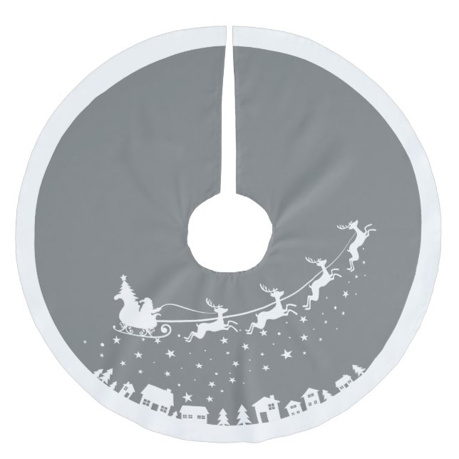 Santa's sleigh silhouette flying above the houses brushed polyester tree skirt (Front)