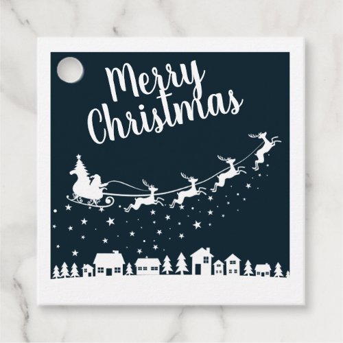 Santas sleigh silhouette flying above the houses favor tags