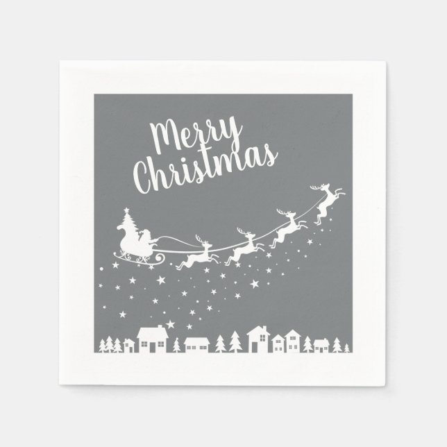 Santa's sleigh silhouette flying above the houses napkins (Front)