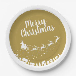 Santa's sleigh silhouette flying above the houses paper plates