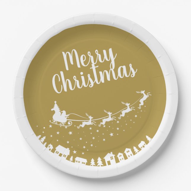 Santa's sleigh silhouette flying above the houses paper plates (Front)