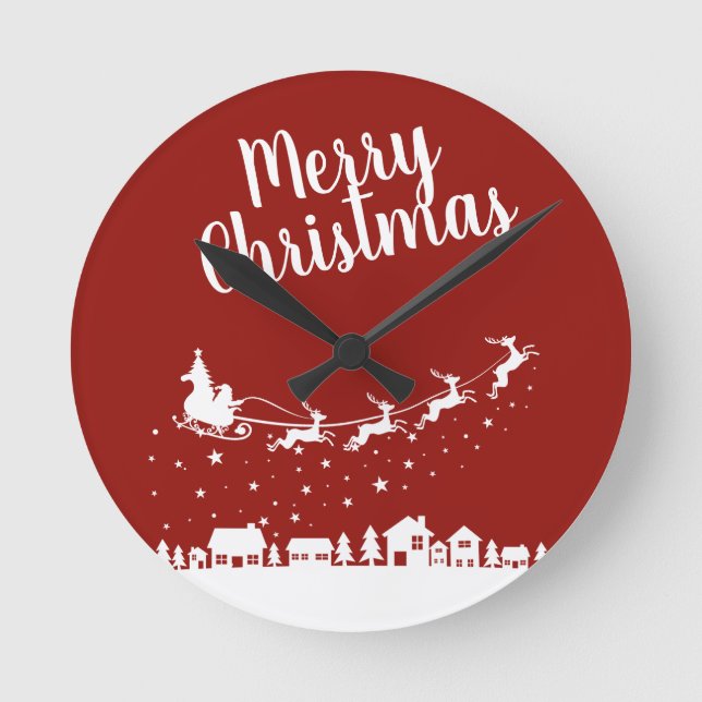 Santa's sleigh silhouette flying above the houses round clock (Front)