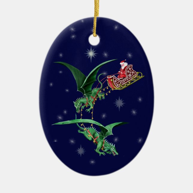 Santa's Sleigh with Dragons Ceramic Ornament (Front)
