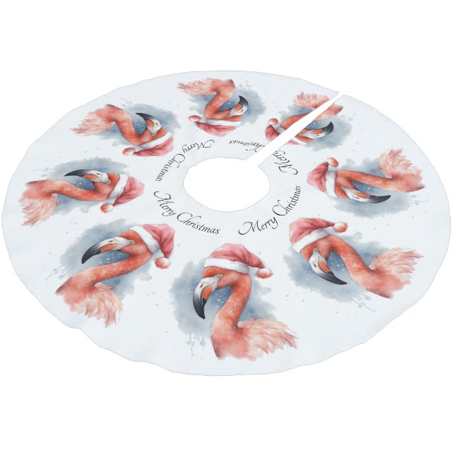 Santa's Snowbird Flamingo, custom Brushed Polyester Tree Skirt (Angled)
