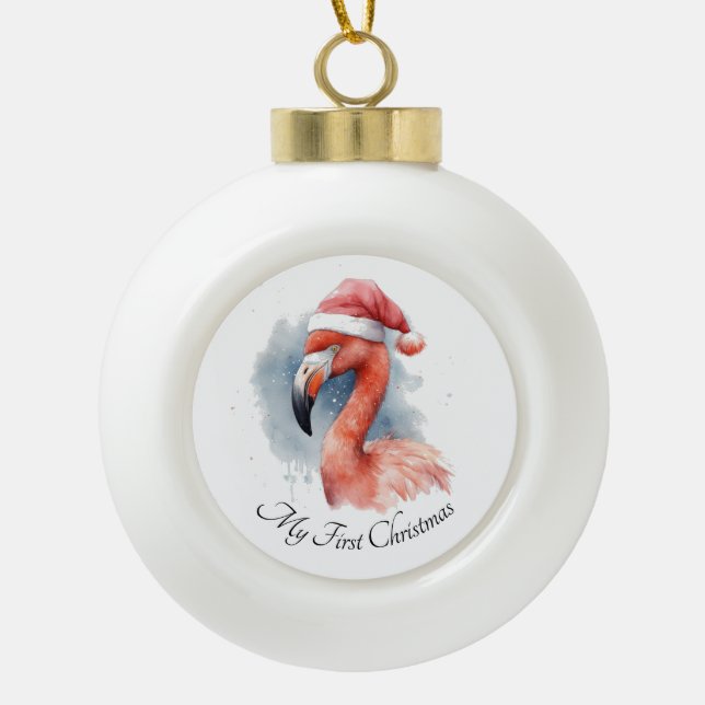Santa's Snowbird Flamingo, custom Ceramic Ball Christmas Ornament (Front)