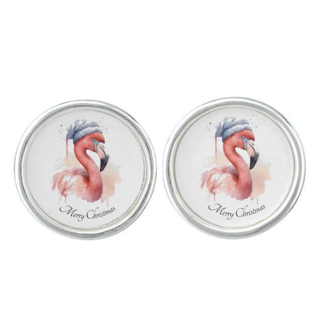 Santa's Snowbird Flamingo, custom Cufflinks (Front)