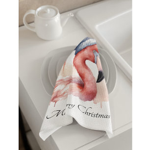 Santa's Snowbird Flamingo, custom Kitchen Towel