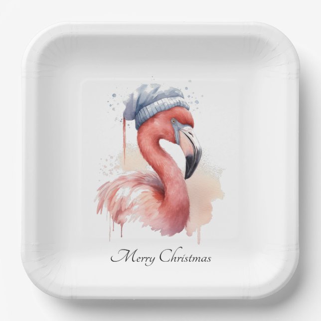 Santa's Snowbird Flamingo, custom Paper Plates (Front)