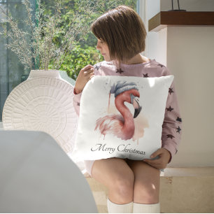 Santa's Snowbird Flamingo, custom Throw Pillow