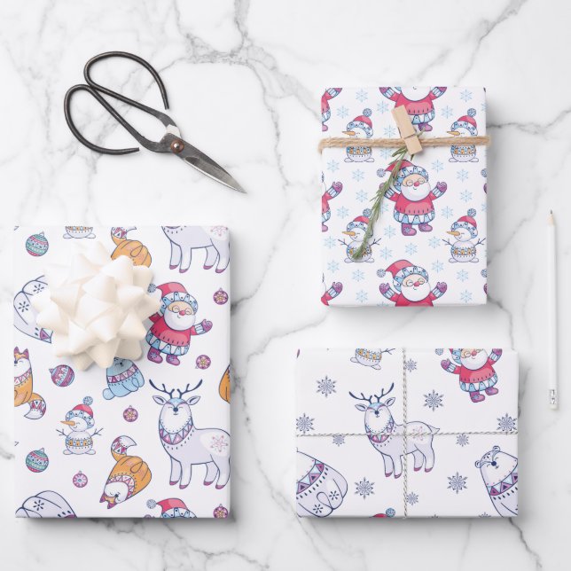 Santas Snowmen And Reindeer Cute Christmas Designs Wrapping Paper Sheets (Front)
