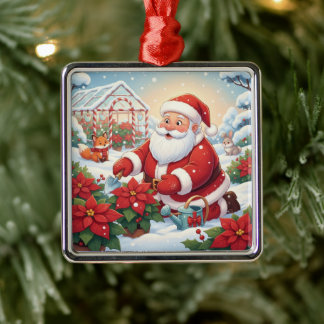 Santa's Snowy Poinsettia Greenhouse Garden Metal Ornament