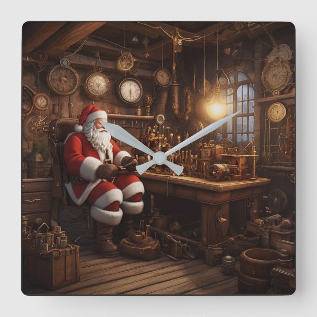 Santa's Steampunk Workshop Square Wall Clock (Front)