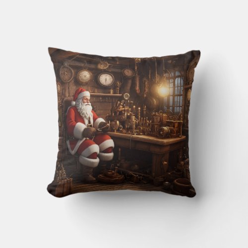 Santas Steampunk Workshop Throw Pillow