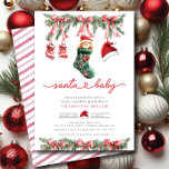 Santa's Sweet Arrival Baby Shower Invitation<br><div class="desc">This charming Santa baby shower invitation captures the festive spirit of the holiday season, featuring an adorable design that includes a hanging stocking adorned with a teddy bear, red baby booties, and a red Santa hat. The elements are beautifully arranged on an evergreen garland, making it a perfect choice for...</div>