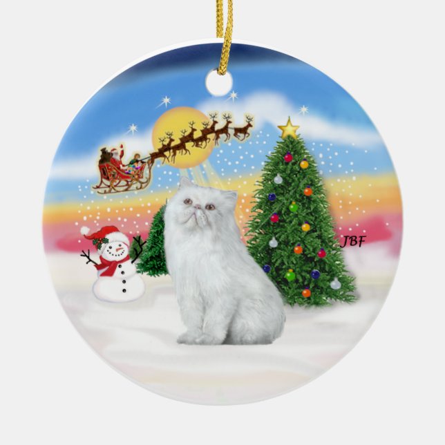 Santas Take Off - White Persian cat Ceramic Ornament (Front)
