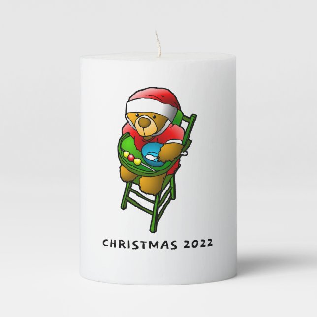 Santas Teddy Bear on a Christmas Pillar Candle (Front)