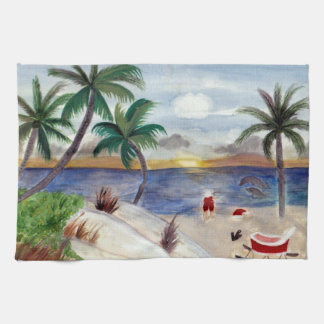 Santa's Tropical Beach Break kitchen towel