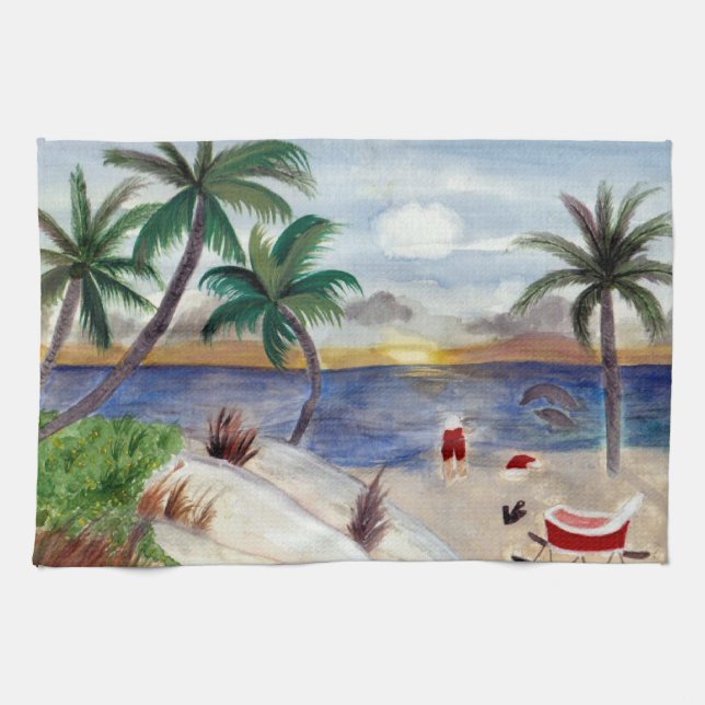 Santa's Tropical Beach Break kitchen towel (Horizontal)