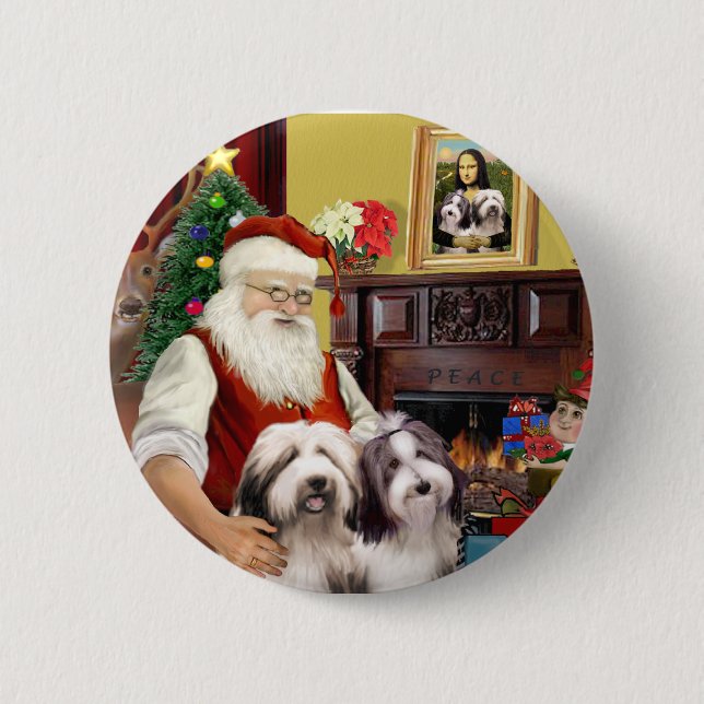 Santa's Two Bearded Collies Pinback Button (Front)