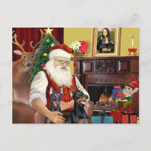 Santas Two Dobermans Holiday Postcard